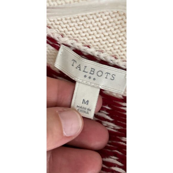 TALBOTS Knitted Cardigan Red White Nordic Geometric Design Size Med - Picture 10 of 12